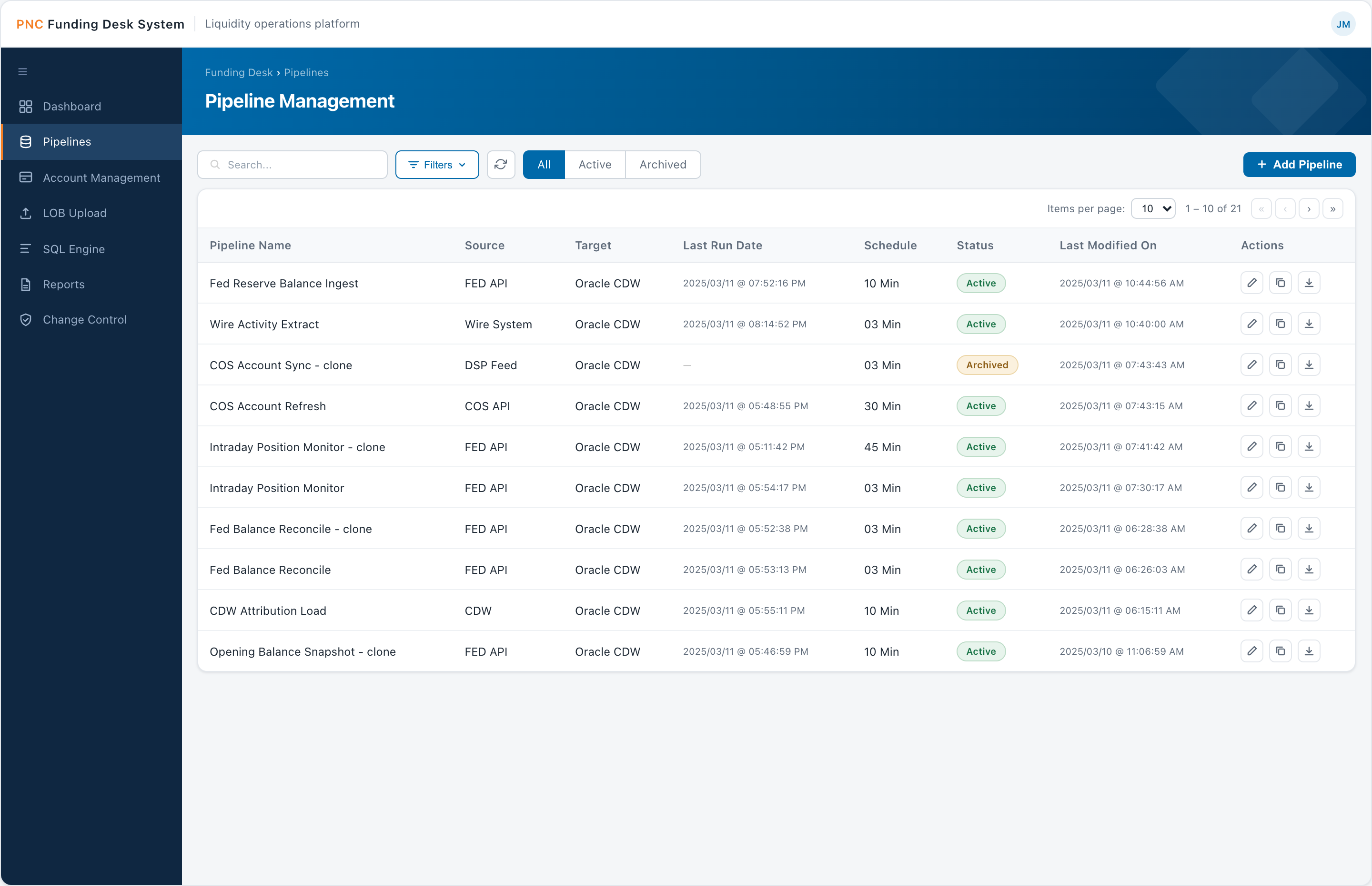 Pipeline Management — searchable, status-filtered table of ingestion pipelines