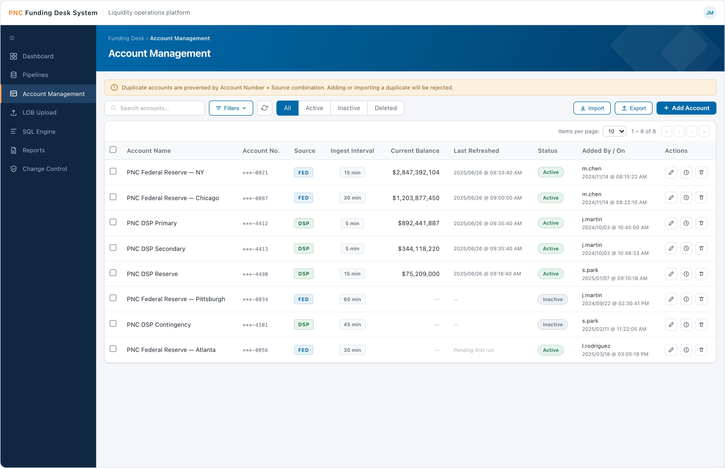 Account Management — registry of FED and DSP accounts with ingestion intervals