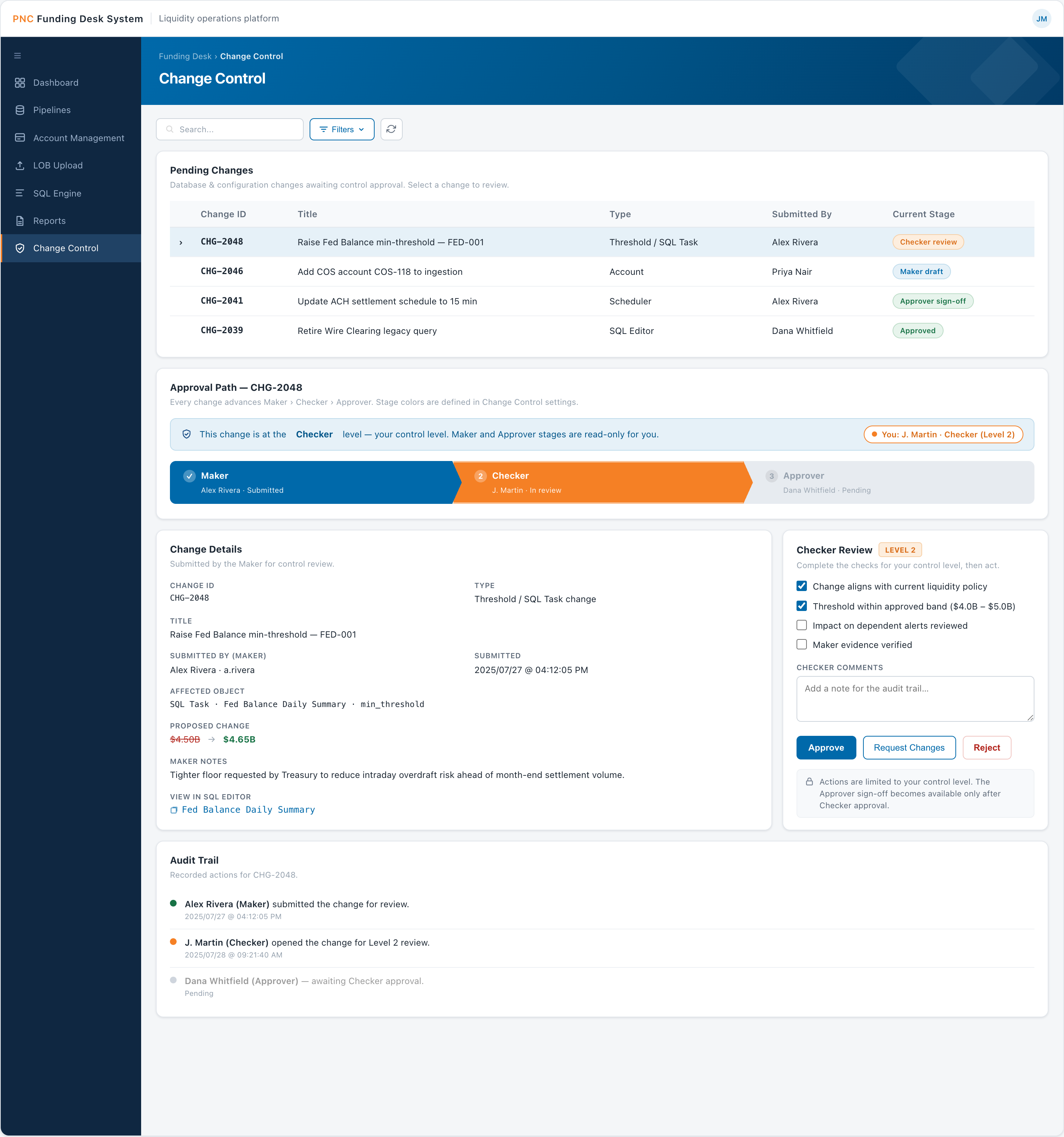 Change Control — Maker, Checker, Approver workflow gating database changes