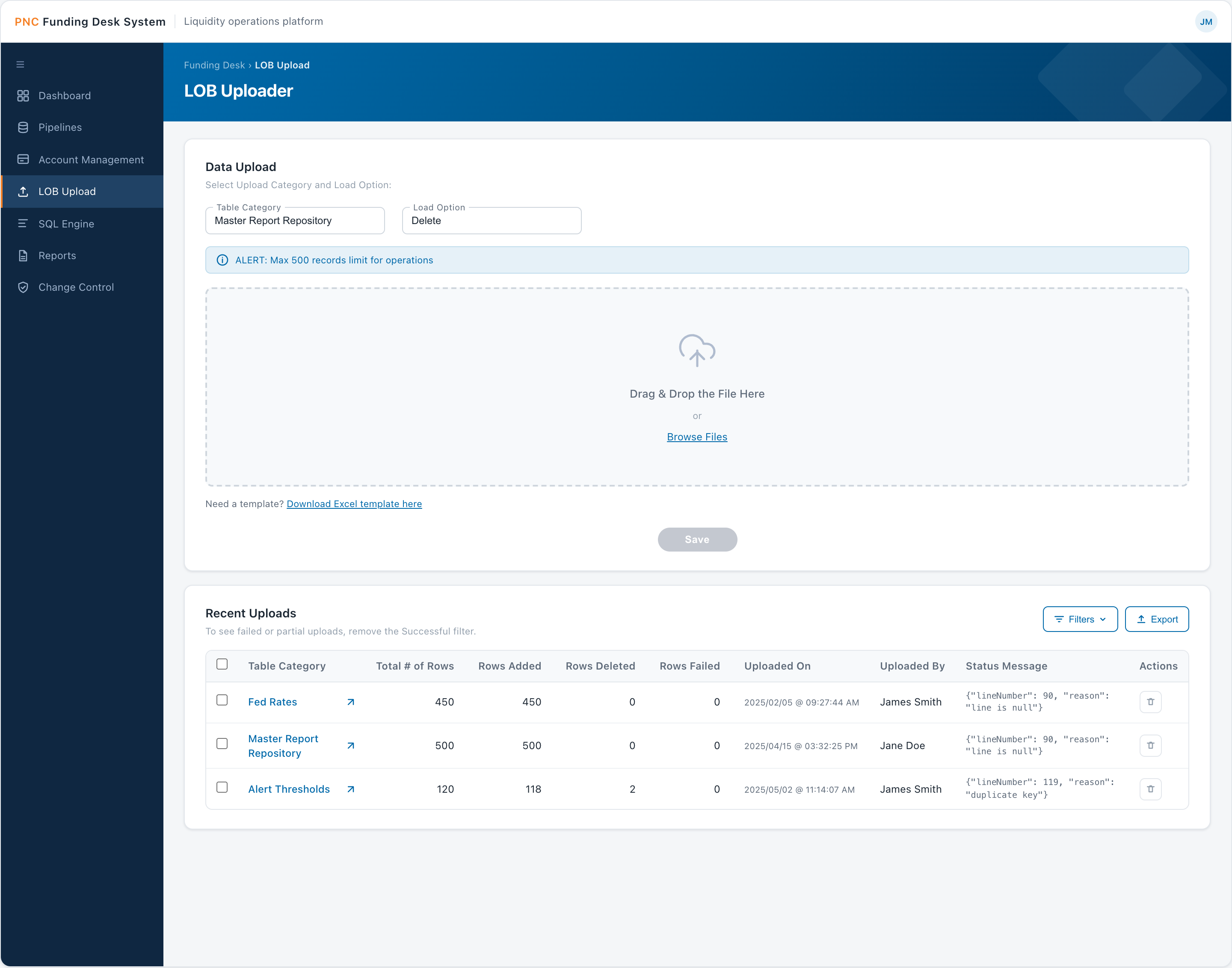 LOB Bulk Uploader — bulk loading reference tables with drag-and-drop and upload history