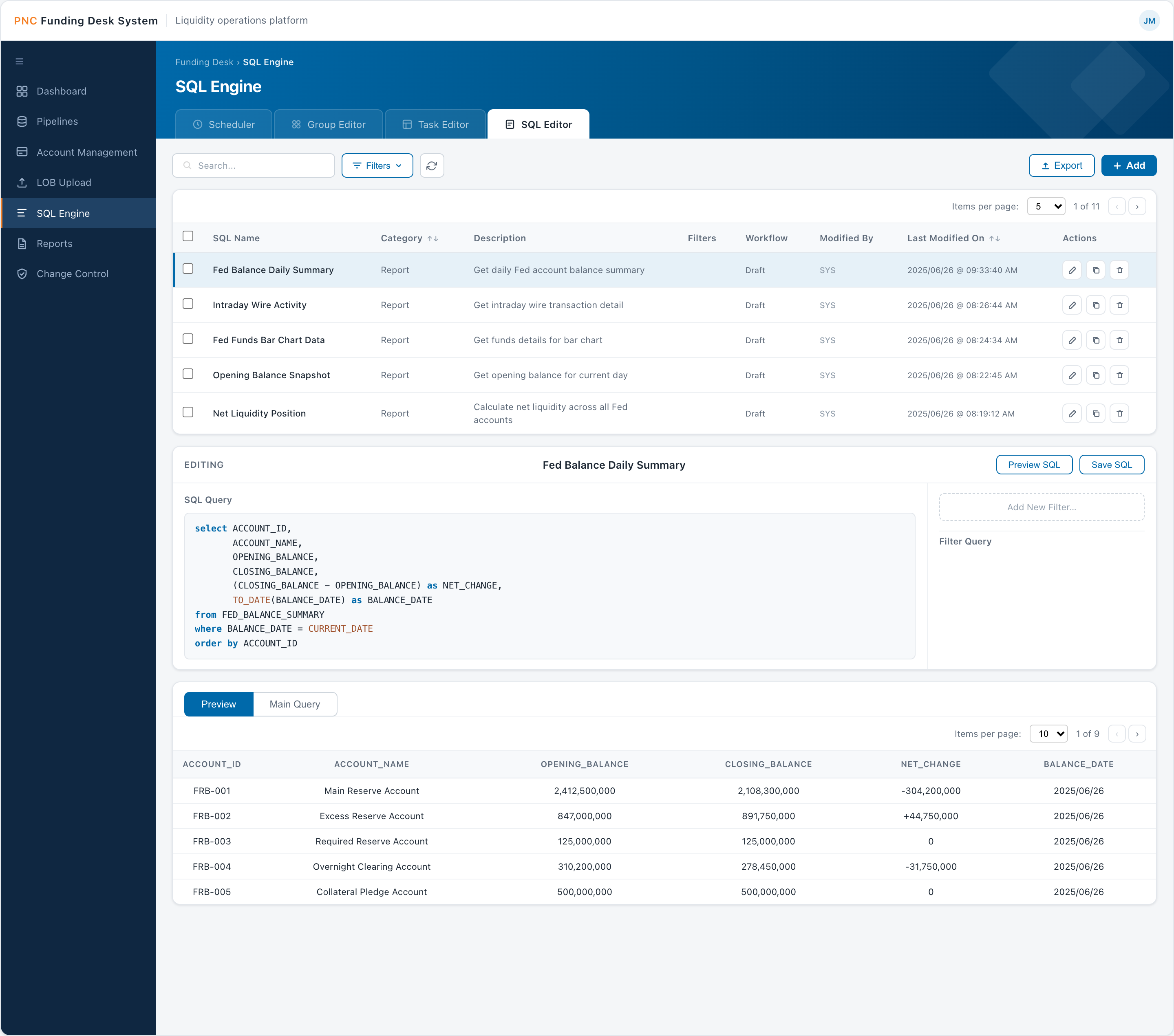 SQL Editor — write and run SQL with syntax highlighting and a filter builder